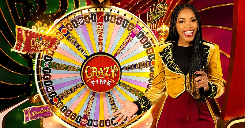 Crazy Time presenter and wheel during a live studio round
