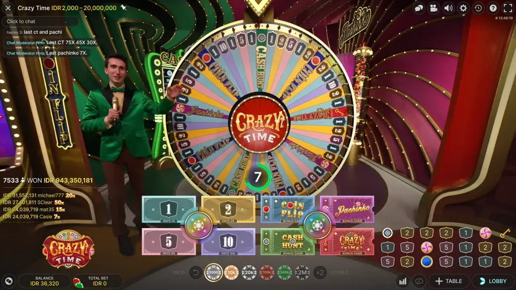 Crazy Time demo game screen with wheel and bonus panels