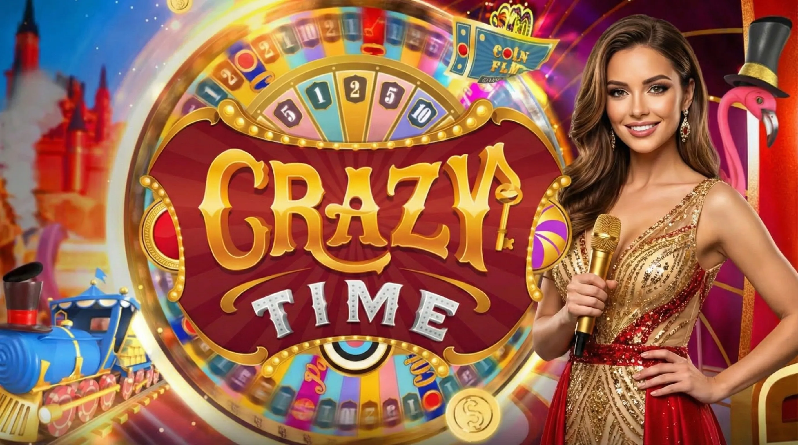 Crazy Time live casino studio with host, wheel, and game show lighting