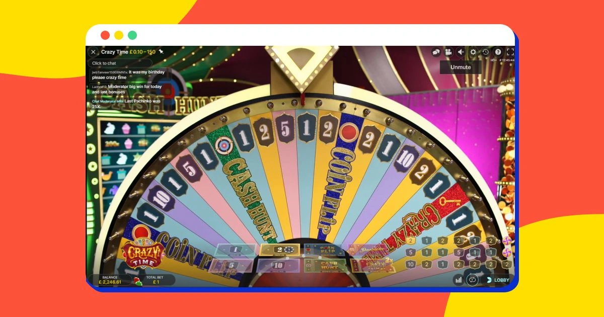 Crazy Time how to play screen with wheel, bet area, and live game controls